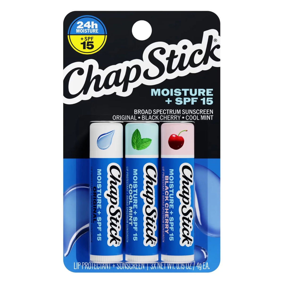 ChapStick Moisturizer Original, Cool Mint and Black Cherry Lip Balm Tubes Variety Pack - 0.15 Oz (Pack of 3)