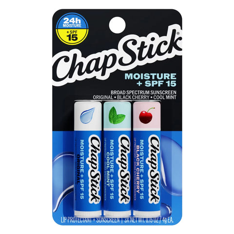 ChapStick Moisturizer Original, Cool Mint and Black Cherry Lip Balm Tubes Variety Pack - 0.15 Oz (Pack of 3)