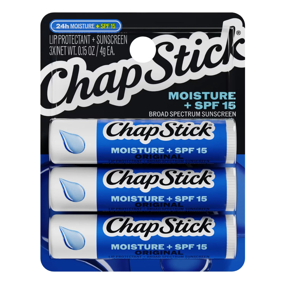 ChapStick Moisture Lip Balm SPF 15 Sunscreen Set, 3-Pack, 0.15 oz