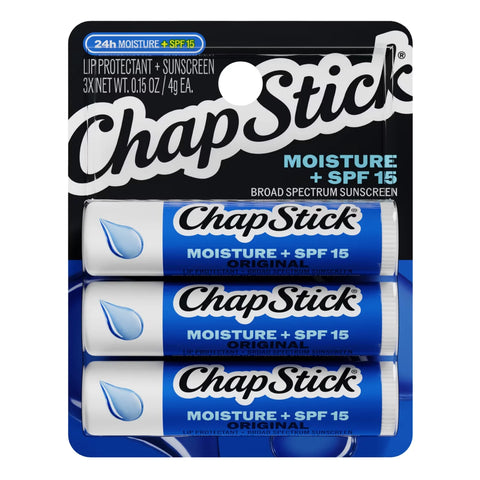ChapStick Moisture Lip Balm SPF 15 Sunscreen Set, 3-Pack, 0.15 oz
